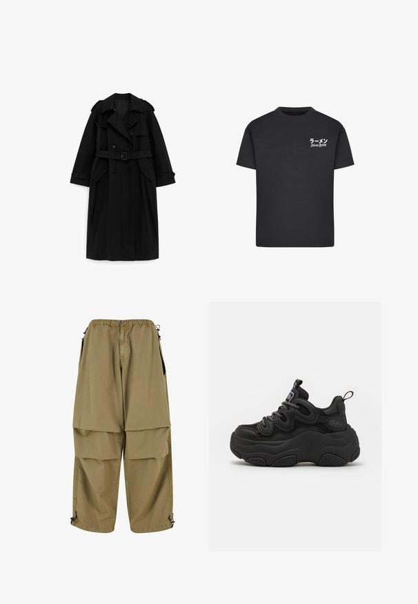 Sort lang trenchcoat med dobbeltradede knapper, bælte i taljen, bred krave og lommer med klap, vist på en hvid baggrund.; Sort bomulds T-shirt med rund hals. Har hvid tekst, inklusive japanske tegn og "Slurp Away," på venstre brystområde.; Beige cargo bukser med elastisk talje, store forlommer og justerbare manchetter. Lavet af letvægtsmateriale med en glat tekstur.; Sorte sneakers med en chunky design, der har en tekstureret overdel, mesh-paneler og tyk gummisål. Reflekterende snørebånd og branddetaljer er synlige.