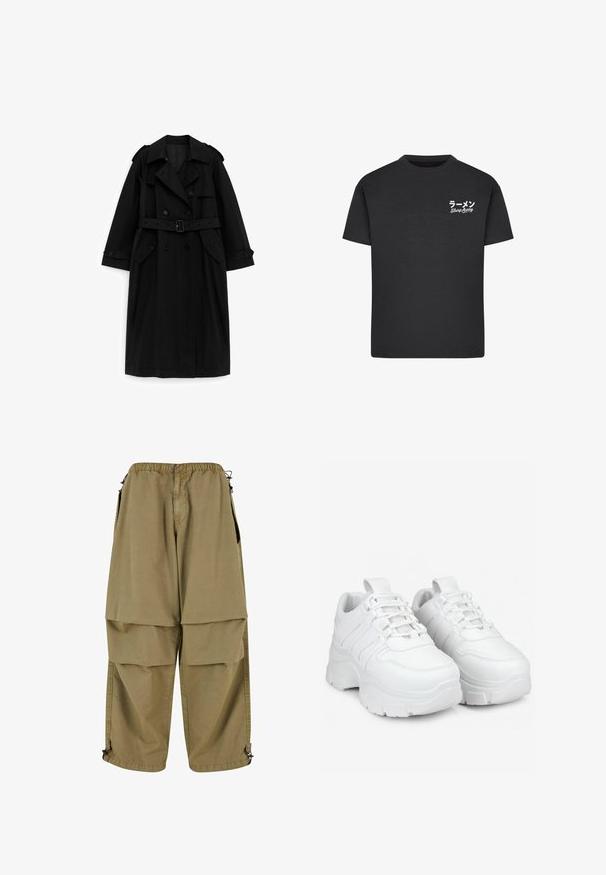 Abrigo largo negro tipo gabardina con botones de doble fila, cintura con cinturón, cuello ancho y bolsillos con solapa, mostrado sobre un fondo blanco.; Camiseta de algodón negra con cuello redondo. Presenta texto en blanco, incluyendo caracteres japoneses y "Slurp Away", en el área del pecho izquierdo.; Pantalones cargo color caqui con cintura elástica, grandes bolsillos frontales y puños ajustables. Están hechos de una tela ligera con una textura suave.; Las zapatillas blancas presentan un diseño voluminoso con una suela gruesa, paneles texturizados y un cierre de cordones. Están hechas de un material sintético suave.
