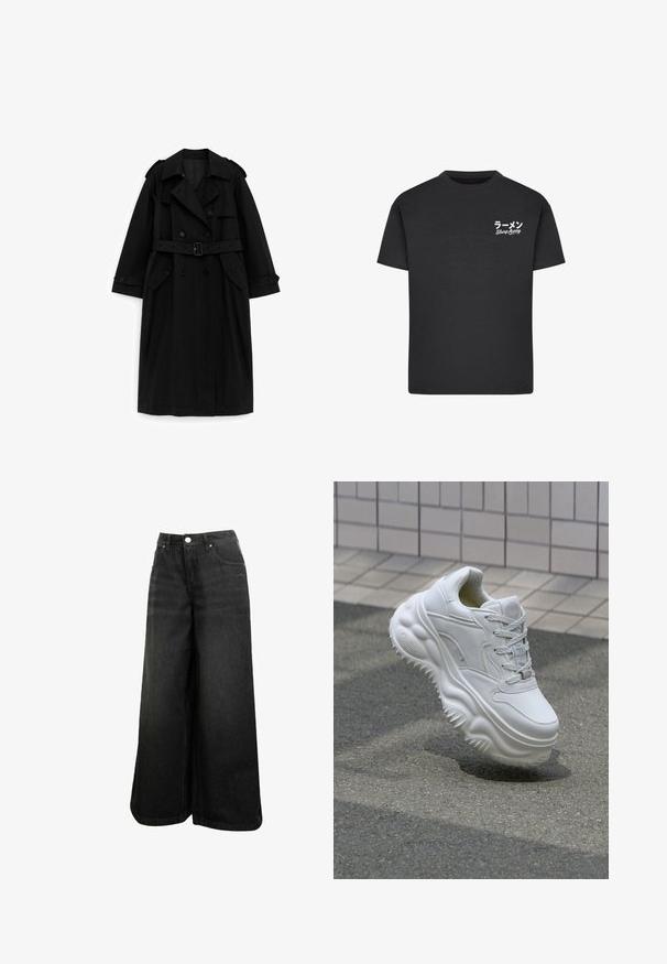Schwarzer langer Trenchcoat mit doppelreihigen Knöpfen, Taillengürtel, weitem Kragen und Pattentaschen, auf weißem Hintergrund präsentiert.; Schwarzes Baumwoll-T-Shirt mit Rundhalsausschnitt. Mit weißem Text, einschließlich japanischer Schriftzeichen und "Slurp Away", auf der linken Brustseite.; Schwarze weit geschnittene Jeans mit hoher Taille, Frontknopf, Taschen und dezentem Logo auf der Vorder-Tasche.; Weiße Leder-Sneaker mit einer massiven Sohle, strukturierten Details und Schnürverschluss. Verfügt über geformte Akzente und eine glatte Oberfläche.