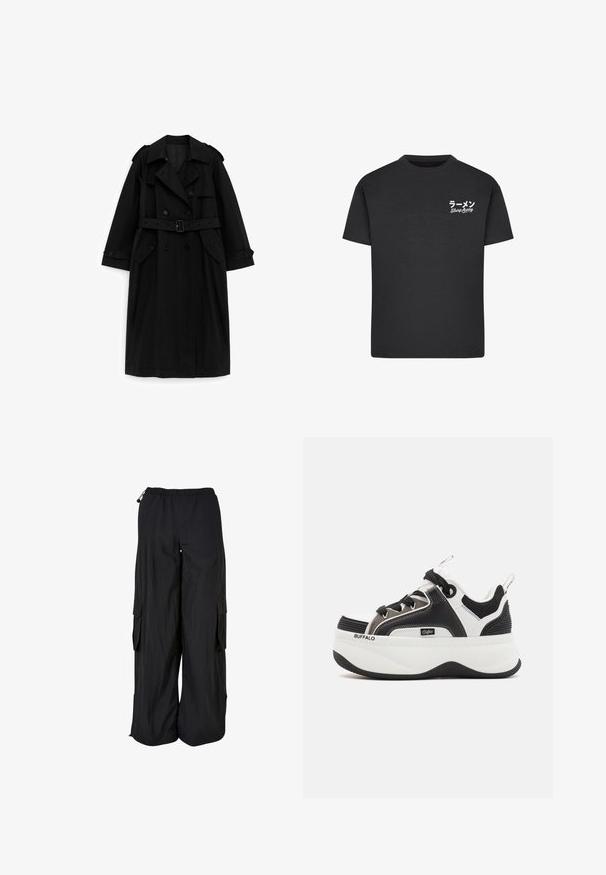 Sort lang trenchcoat med dobbeltradede knapper, bælte i taljen, bred krave og lommer med klap, vist på en hvid baggrund.; Sort bomulds T-shirt med rund hals. Har hvid tekst, inklusive japanske tegn og "Slurp Away," på venstre brystområde.; Svarte cargobukser med vidde ben, elastisk talje, sidelommer med klap og justerbare snore i talje og forneden.; Platform sneakers med et sort og hvidt design, netdetaljer, teksturerede detaljer og et iøjnefaldende logo på siden.