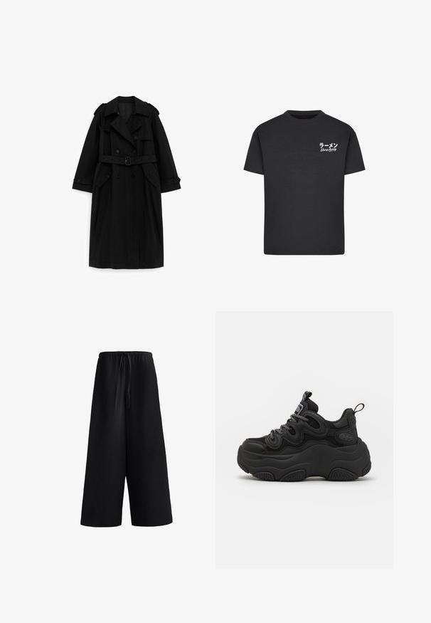 Sort lang trenchcoat med dobbeltradede knapper, bælte i taljen, bred krave og lommer med klap, vist på en hvid baggrund.; Sort bomulds T-shirt med rund hals. Har hvid tekst, inklusive japanske tegn og "Slurp Away," på venstre brystområde.; Løse sorte vidde bukser med elastik i taljen og snører foran, lavet af letvægtsstof.; Sorte sneakers med en chunky design, der har en tekstureret overdel, mesh-paneler og tyk gummisål. Reflekterende snørebånd og branddetaljer er synlige.