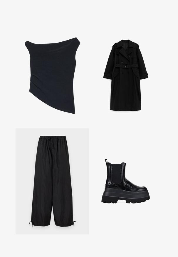 Abrigo largo negro tipo gabardina con botones de doble fila, cintura con cinturón, cuello ancho y bolsillos con solapa, mostrado sobre un fondo blanco.; Top negro, con tirantes caídos, de diseño ajustado, con un dobladillo asimétrico y una textura suave y lisa. Presenta tela fruncida en el escote.; Pantalones negros de pierna ancha con cintura elástica, cierre de botones y cordones ajustables en el dobladillo, mostrados planos sobre un fondo blanco.; Botas de tobillo de cuero negro con paneles laterales elásticos, suela de plataforma gruesa y detalles texturizados. Parte superior brillante con un diseño de banda robusta y pronunciada.