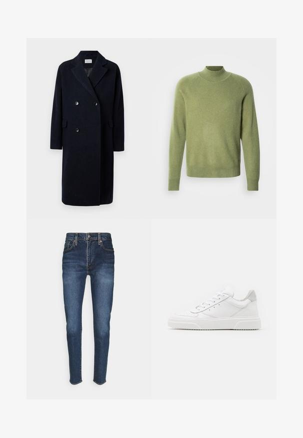 Marineblauer doppelt knopfverschlossener Mantel mit geripptem Texture, mit aufgekrämpelten Revers, zwei Fronttaschen und schwarzen Knöpfen; mittellang mit gerader Silhouette.; Grüner Stehkragenpullover mit gerippten Bündchen und Saum. Hergestellt aus weichem Stoff, mit glatter Textur und entspanntem Schnitt.; Dunkelblaue Jeans aus Denim mit einer figurnahen Passform, fünf Taschen, einem Frontknopfverschluss und orangefarbenen Nähten.; Weiße Leder-Sneaker mit glatter Oberfläche, rundem Zehenbereich, flachen Schnürsenkeln und strukturiertem Schuhsohlen. Graues Wildleder-Detail an der Ferse.