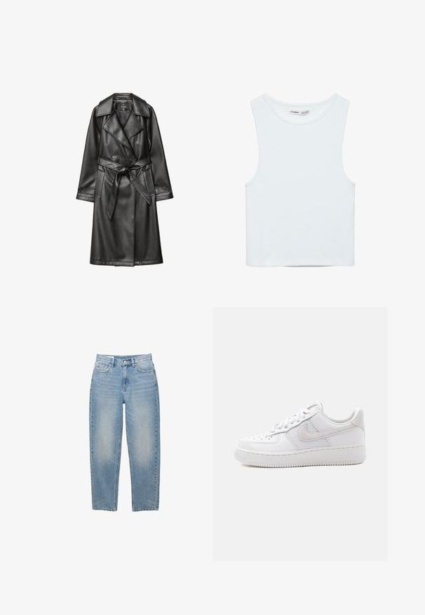 Sort læder trench coat med dobbeltknap foran, bred krave, bæltestrop i taljen og lange ærmer med knapmanchetter.; Hvid ærmeløs crop top med rund halsudskæring, lavet af glat stof, mærket Pull&Bear, egnet til afslappet brug.; Lyseblå, lige cowboybukser med frontknap, lynlås og fem lommer, vist på en hvid baggrund.; Hvid Nike Air Force 1 sneaker med lavt snit, hvide snørebånd, perforeringer på tåboksen og netpanel bag Nike swoosh-logoet.