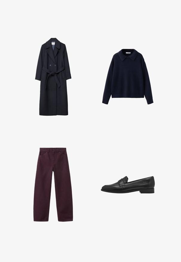 Mørkeblå uldfrakke med dobbeltknapning, store revers, bundet bælte og to forlommer. Glat tekstur hele vejen igennem.; Marineblå strikket langærmet sweater med en bred, spids krave og en afslappet pasform på en hvid baggrund.; Mørkelilla bukser med lige ben, forlommer og bæltestropper, vist mod en hvid baggrund.; Sort læder loafersko med en glat tekstur, rund tå og en lille hævet stroppedesign. Har en lav, solid hæl.