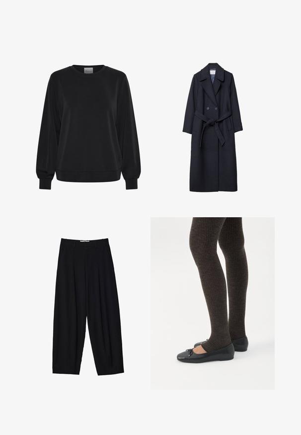 Mørkeblå uldfrakke med dobbeltknapning, store revers, bundet bælte og to forlommer. Glat tekstur hele vejen igennem.; Sort sweatshirt med lange ærmer, rund hals og ribbede manchetter. Har en glat tekstur og et diskret logo-detalje på fronten.; Sorte vide benbukser lavet af letvægtsstof, med frontfolder, en klassisk talje og sidelommer. Glat tekstur.; Ben iført mørke ribbede leggings kombineret med sorte balletsko med små sløjfedetaljer på hvid baggrund.