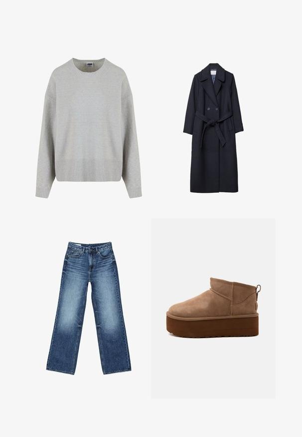 Mørkeblå uldfrakke med dobbeltknapning, store revers, bundet bælte og to forlommer. Glat tekstur hele vejen igennem.; Lysegrå strikket sweater med rund hals, dropped skuldre og ribbet kant. Blød tekstur og afslappet pasform.; Blå vidtsiddende jeans i denim med forlommer og møntlomme foran, knaplukning og falmet vask på lår og knæ.; Mellemstore brune ruskind slip-on støvler med tyk platformsål og trækflig bagpå mod lys baggrund.