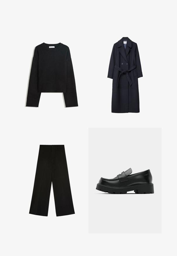 Mørkeblå uldfrakke med dobbeltknapning, store revers, bundet bælte og to forlommer. Glat tekstur hele vejen igennem.; Sort langærmet strikket sweater med rund hals, ribbede manchetter og kant samt cropped længde.; Sorte bukser med brede ben, knap- og lynlåslukning, bæltestropper og frontfolder, lagt fladt på en hvid baggrund.; Sorte læder loafers med en chunky tekstureret sål, der har en rem over vamps og en glat, poleret finish.