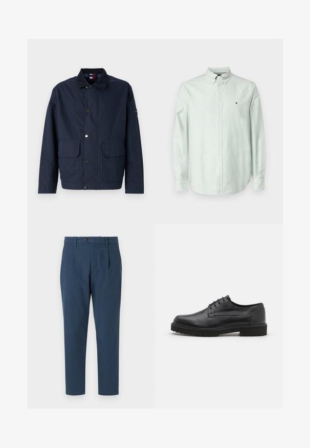 Marineblaue Jacke aus Textilmaterial mit Stehkragen, Druckknöpfen, zwei Fronttaschen und einem Logopatch am Ärmel.; Hellgrünes, gestreiftes Langarmhemd mit Button-Down-Kragen, weißen Knöpfen und einem kleinen Logo auf der Brust. Aus weichem Baumwollstoff.; Tommy Hilfiger HARLEM STRUCTURE - Chino - desert sky; Schwarzer Lederschuh mit abgerundeter Zehenpartie, glatter Oberfläche und minimaler Nahtführung. Verfügt über eine Schnürverschluss und eine dicke, strukturierte Gummisohle.