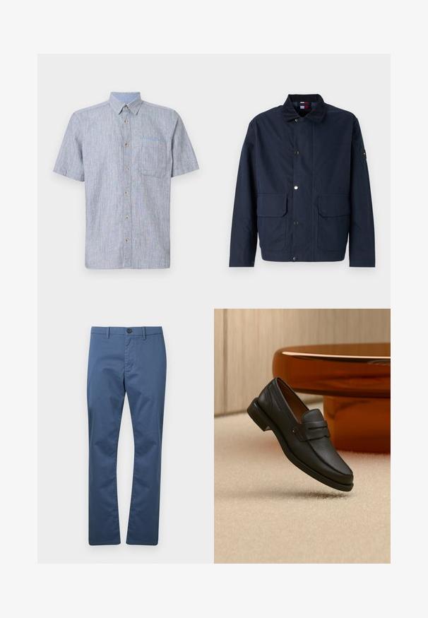 Veste bleu marine en matériau textile, dotée d'un col montant, de boutons-pression, de deux poches avant et d'un patch logo sur la manche.; Chemise à manches courtes boutonnée en tissu rayé bleu clair et blanc, avec une poche poitrine et des boutons marron. Design texturé et décontracté.; Pantalons bleus à jambe droite avec passants de ceinture, bouton avant et fermeture éclair, présentés sur un fond blanc uni.; Mocassin homme en cuir noir avec une bande sur le dessus, présenté sur un tapis beige près d'une table ronde moderne marron.