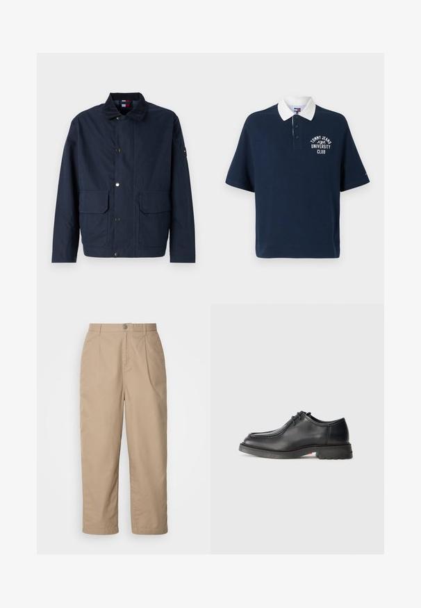 Marineblaue Jacke aus Textilmaterial mit Stehkragen, Druckknöpfen, zwei Fronttaschen und einem Logopatch am Ärmel.; Navyblaues Poloshirt mit kurzen Ärmeln und weißem Kragen, mit gesticktem Text "TOMMY JEANS UNIVERSITY CLUB" in Weiß auf der Brust.; Beige, leichte Baumwollhosen mit gefaltetem Vorderteil, Knopfverschluss und geradem Bein, die eine glatte Textur und keine sichtbaren Muster aufweisen.; Schwarzer Lederschuh mit glatter Textur, abgerundetem Zehenbereich und flacher, geprägter Naht. Dicke Gummisohle mit leichtem Absatz und rutschfester Musterung.