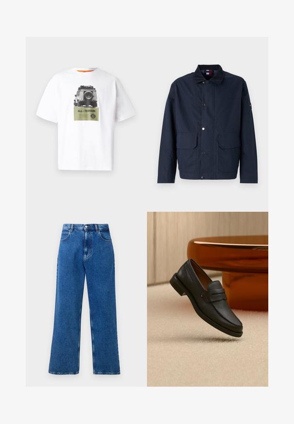 Donkerblauwe jas, gemaakt van textielmateriaal, heeft een staande kraag, drukknoopsluiting, twee voorzakken en een logo-applicatie op de mouw.; Witte katoenen t-shirt met een grafisch ontwerp van een voertuig en de tekst "ALL-TERRAIN" in het groen, met een zwart-wit ontwerp. Oranje binnenkraag.; Blauwe hoge taille, brede spijkerbroek met knoop- en ritsluiting aan de voorkant, riemlussen en vijf zakken.; Zwarte leren herensloffen met een band over de bovenkant, getoond op een beige tapijt vlakbij een bruine moderne ronde tafel.