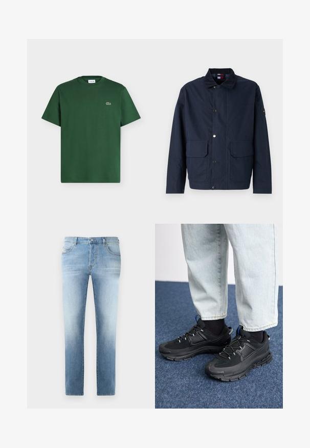 Chaqueta azul marino, hecha de material textil, presenta un cuello alto, botones de presión, dos bolsillos frontales y un parche de logo en la manga.; Camiseta de algodón de manga corta en verde oscuro con cuello redondo y pequeño logo del cocodrilo de Lacoste en el pecho izquierdo.; Jeans de mezclilla azul claro con un acabado ligeramente desgastado, diseño de pierna recta, estilo de cinco bolsillos y cierre de botón de metal en la cintura.; Zapatillas deportivas negras con tejido texturizado y suelas de goma, con cordones elásticos y un acento azul en el talón. Combinadas con pantalones de mezclilla claros.