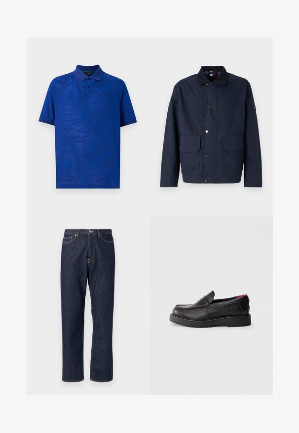 Chaqueta azul marino, hecha de material textil, presenta un cuello alto, botones de presión, dos bolsillos frontales y un parche de logo en la manga.; Polo de manga corta en azul vibrante con un patrón texturizado de hojas de palma, con cuello y tapeta de tres botones. Tejido suave.; Jeans de mezclilla azul oscuro con un diseño de pierna recta. Cuenta con un cierre de botón y cremallera, cinco bolsillos y detalles de costura en contraste.; Zapatilla negra de cuero con costuras de mocasín, suela de goma y un acabado texturizado. Presenta un sutil logo en el costado.