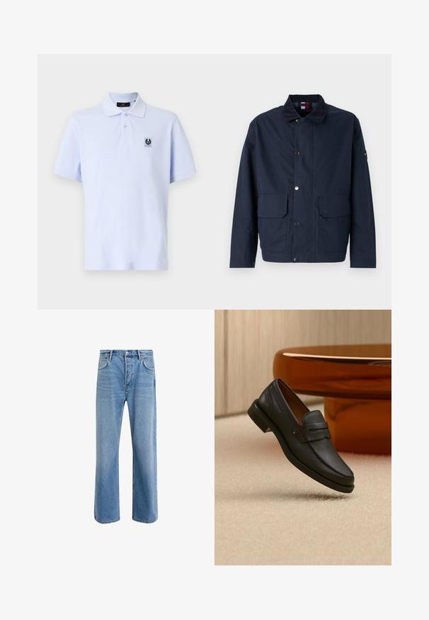 Veste bleu marine en matériau textile, dotée d'un col montant, de boutons-pression, de deux poches avant et d'un patch logo sur la manche.; Polo bleu clair avec une texture douce, à manches courtes et à col classique. Présente un petit patch logo sur le côté gauche de la poitrine.; Jeans en denim bleu clair avec une coupe droite, cinq poches, fermeture à bouton, peu d'usure et des détails de couture contrastés.; Mocassin homme en cuir noir avec une bande sur le dessus, présenté sur un tapis beige près d'une table ronde moderne marron.