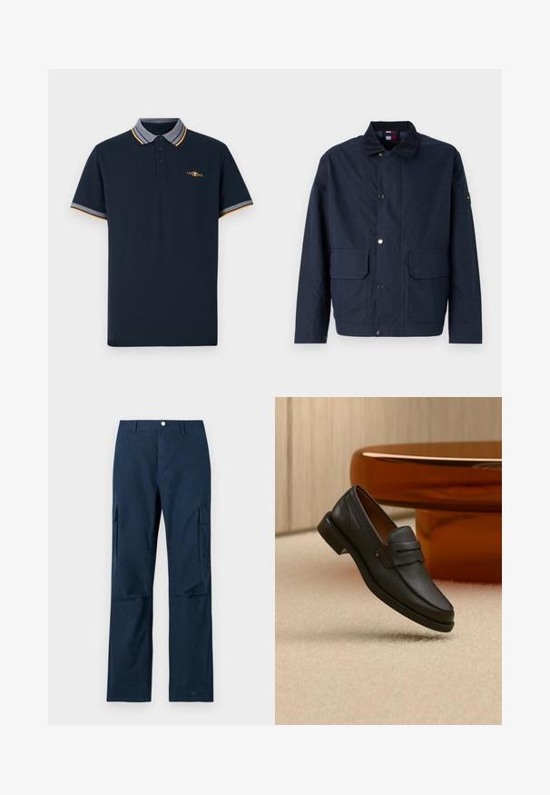 Donkerblauwe jas, gemaakt van textielmateriaal, heeft een staande kraag, drukknoopsluiting, twee voorzakken en een logo-applicatie op de mouw.; Navyblauw polo-shirt van katoen, met een kraag in grijs, oranje accenten en een drievoudige knoopsluiting. Geborduurd logo van 1962.; Marineblauwe cargobroek van katoen, met twee zijzakken, rechte pijpen en een knopsluiting aan de voorkant. Soepele textuur.; Zwarte leren herensloffen met een band over de bovenkant, getoond op een beige tapijt vlakbij een bruine moderne ronde tafel.