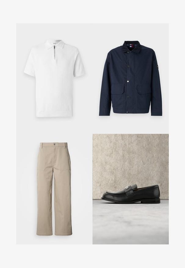 Donkerblauwe jas, gemaakt van textielmateriaal, heeft een staande kraag, drukknoopsluiting, twee voorzakken en een logo-applicatie op de mouw.; Witte polo met korte mouwen, gemaakt van een textuurgebreide stof, met een ritskraag en een geribde zoom. Schoon ontwerp, geschikt voor casual draag.; Beige wijde broek van katoen; voorzien van voorzakken met klep, een knoopsluiting en zichtbare stiknaden langs de zoom.; Zwarte leren loafer met een metalen merktekenplaatje, rustend bij een bruine ronde tafel op een beige tapijtvloer.