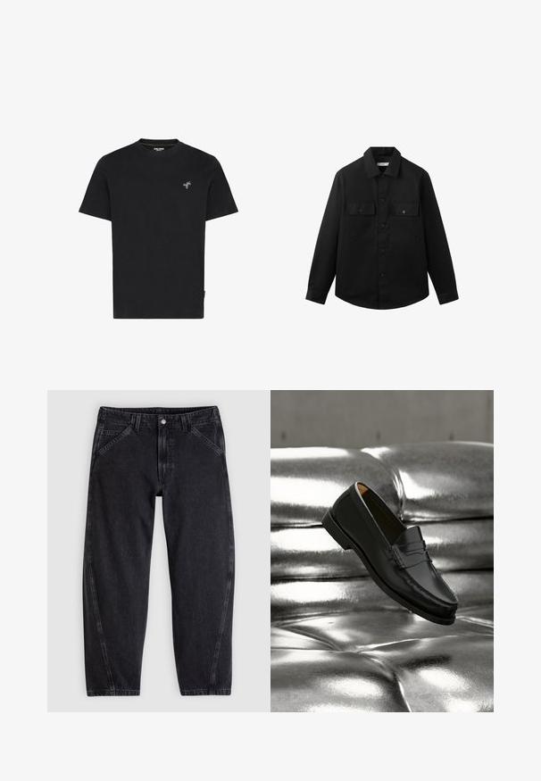 Sort langærmet skjorte med knapper og to forlommer med klap samt en klassisk krave, vist mod en ensfarvet hvid baggrund.; Sort bomulds T-shirt med rund hals og korte ærmer, med en lille broderet grøn palmetræ på venstre bryst.; Sorte denimjeans med løs pasform, der har en standard-taljebånd, femlomme-design og kontrastsyning langs sømmene.; Sort læderloafer svæver over en skinnende sølvfarvet, polstret lædersofa i et minimalistisk miljø.