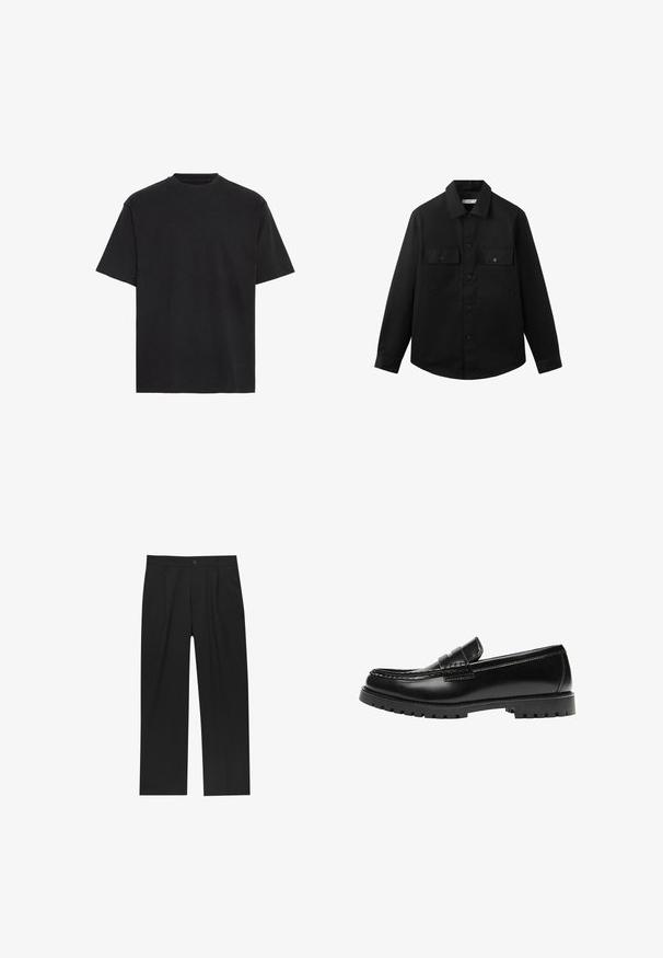 Schwarzes langärmliges Hemd mit Knopfleiste, zwei aufgesetzten Taschen auf der Vorderseite und klassischem Kragen, dargestellt vor weißem Hintergrund.; Schwarzes Baumwoll-T-Shirt, kurze Ärmel, Rundhalsausschnitt, leicht, lockere Passform, glatte Textur, keine sichtbaren Muster oder Akzente.; Schwarze Hose mit geradem Schnitt, aus einem glatten Stoff gefertigt. Verfügt über Vorderfalten und einen einzelnen Knopfverschluss an der Taille.; Schwarzer Leder-Slipper mit dicker Gummisohle und klassischem Penny-Detail an der Riemen, von der Außenseite gezeigt.