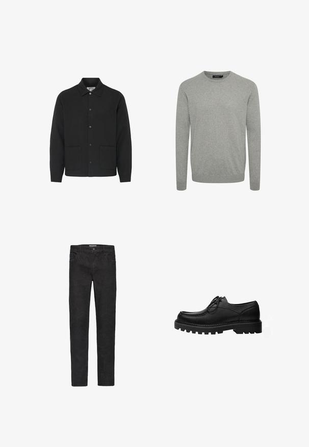 Sort jakke lavet af et glat stof, med en kravehalsudskæring, frontlukning med knapper og to store sidelommer.; Lysegrå crew neck sweater med lange ærmer, lavet af blødt materiale, med ribbestrikkede manchetter og kant for et tætsiddende look. Minimalistisk design.; Sorte denim jeans med lige ben. Funktioner inkluderer fem lommer, knaplukning og diskrete syninger langs sømmene.; Sort læder snøresko med tyk, robust sål og detaljerede syninger på oversiden, designet til formelt eller afslappet brug.