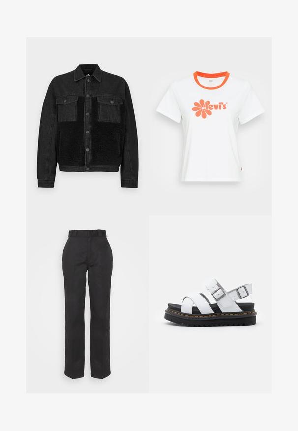 Zwarte spijkerjas met een voorpaneel van nepbont. Voorzien van twee borstzakken, knoopsluiting en lange mouwen. Gestructureerde stof en strakke lijnen.; Witte katoenen T-shirt met een ronde oranje kraag, voorzien van een grote oranje bloemenafbeelding en de tekst "Levi's" gedrukt op de voorkant.; Zwarte broeken met een gladde textuur, recht gesneden ontwerp en een taille met riem. Heeft een eenvoudige, klassieke silhouet zonder extra patronen.; Witte leren sandalen met verstelbare gespsluitingen, gelaagde zwarte plateauzool en oranje stiksel langs de rand.