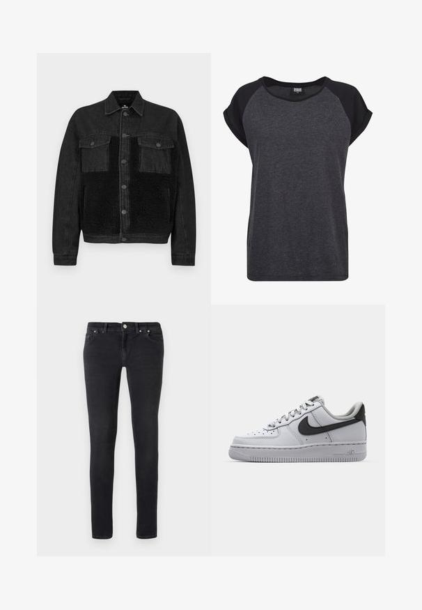 Schwarze Jeansjacke mit Frontpartie aus Kunstpelz. Verfügt über zwei Brusttaschen, Knopfverschluss und lange Ärmel. Strukturierter Stoff und klare Linien.; Schwarzes und dunkelgraues Kurzarm-T-Shirt mit Rundhalsausschnitt und Raglanärmeln. Hergestellt aus weichem, strukturiertem Stoff. Lässiger Schnitt.; Schmale schwarze Jeans mit fünf Taschen, Knopfverschluss und Gürtelschlaufen, auf einem schlichten weißen Hintergrund flach ausgelegt.; Weißes Leder-Sneaker mit grauen Akzenten, runde Zehenpartie, strukturierte Oberfläche, gepolsterter Kragen und kontrastierendes schwarzes Swoosh-Logo. Luftgepolsterte Sohle.
