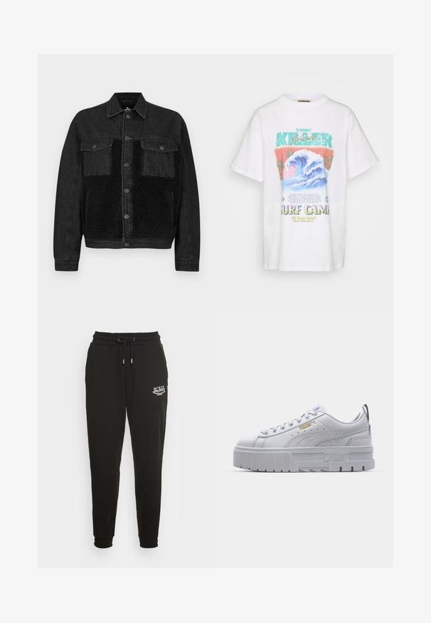 Sort denimjakke med et frontpanel i kunstpels. Har to brystlommer, knaplukning og lange ærmer. Tekstureret stof og rene linjer.; Hvid bomulds T-shirt med en afslappet pasform, der har et farverigt grafisk design af bølger, palmetræer og tekst relateret til surfing.; Von Dutch ELLIS - Træningsbukser - black; Hvide platform sneakers med en glat læderoverdel, polstret krave, grå gummisål og gyldne detaljer med Puma-logoet.