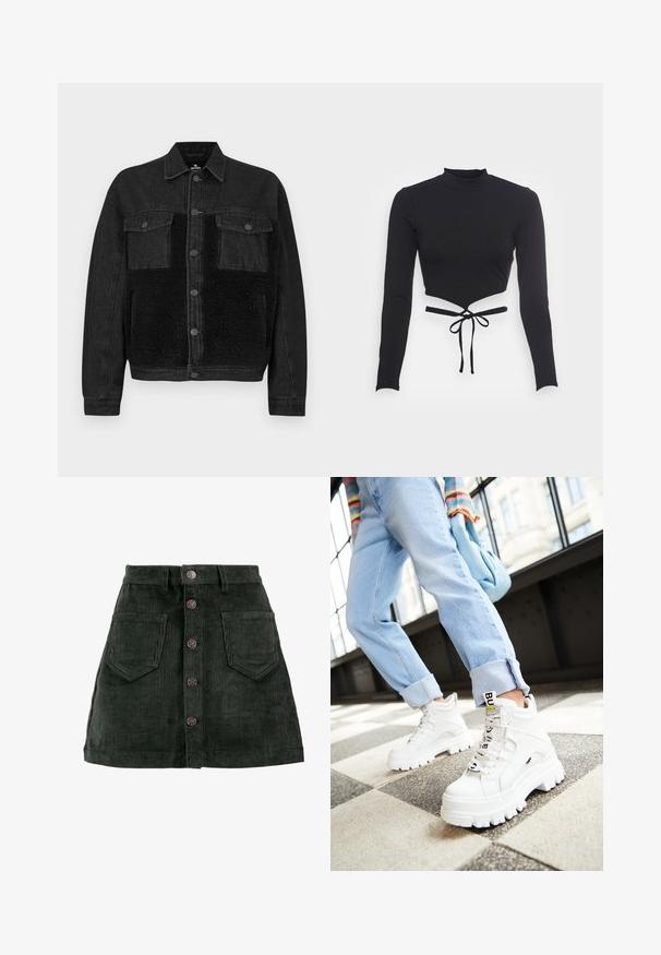 Sort denimjakke med et frontpanel i kunstpels. Har to brystlommer, knaplukning og lange ærmer. Tekstureret stof og rene linjer.; Even&Odd by Zalando Langærmet T-shirt - black; ONLY ONLAMAZING GLOBAL - Mini skirts - green gables; Hvide klodsede sneakers med tykke såler, snørebånd foran og mærkeflag. Båret med lyseblå jeans med opsmøg på et mønstret gulv.