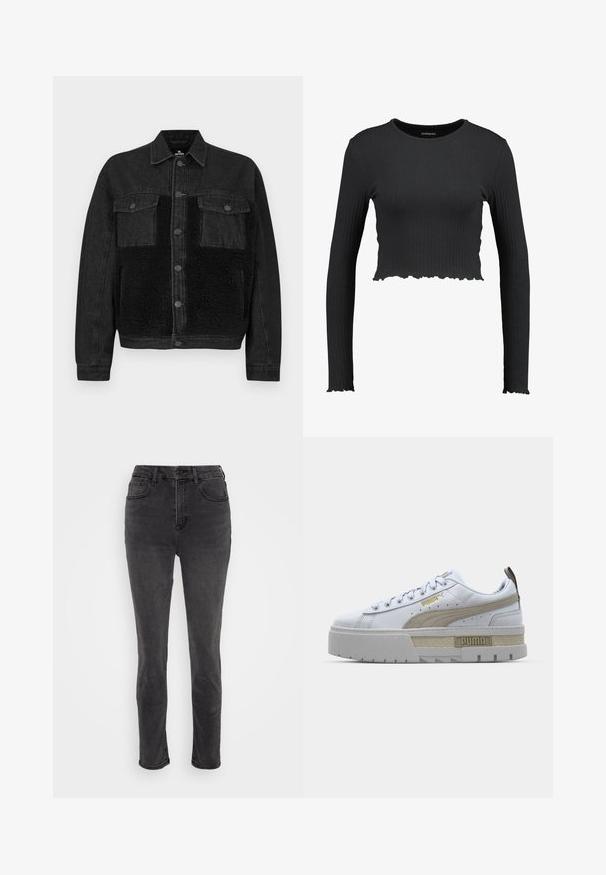 Veste en jean noire avec un panneau avant en fausse fourrure. Dispose de deux poches poitrine, fermeture à boutons et manches longues. Tissu texturé et lignes épurées.; Crop top noir à manches longues côtelé avec un col rond et un ourlet ondulé. Fabriqué dans un matériau extensible pour un look ajusté.; American Eagle CURVY MOM - Jean boyfriend - washed black; Baskets blanches avec une bande beige proéminente, une semelle épaisse grise et des accents dorés. Elles possèdent des lacets ronds et un rabat de langue texturé avec un logo.