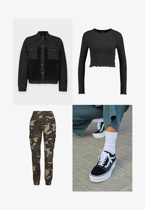 Sort denimjakke med et frontpanel i kunstpels. Har to brystlommer, knaplukning og lange ærmer. Tekstureret stof og rene linjer.; Sort ribbet langærmet crop top med rund halsudskæring og bølget kant. Fremstillet af et strækbart materiale for en tætsiddende pasform.; Kamuflage cargo bukser i nuancer af grøn, brun og sort; har elastiske manchetter, sidelommer og en sikker knaplukning.; Sorte ruskinds sneakers med hvide accenter og snørebånd, der har en tyk hvid sål og kontrasterende syninger, parret med en hvid sok.