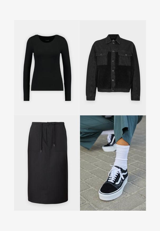 Sort denimjakke med et frontpanel i kunstpels. Har to brystlommer, knaplukning og lange ærmer. Tekstureret stof og rene linjer.; Sort langærmet skjorte lavet af ribbet stof. Har en rund halsudskæring og tætsiddende silhuet. Enkelt design uden mønstre eller accenter.; Sort denimnederdel med en lige silhuet, der har en elastisk talje, snøre og to forlommer for funktionalitet.; Sorte ruskinds sneakers med hvide accenter og snørebånd, der har en tyk hvid sål og kontrasterende syninger, parret med en hvid sok.