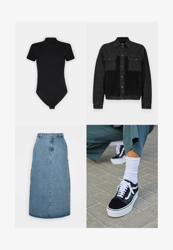 Veste en jean noire avec un panneau avant en fausse fourrure. Dispose de deux poches poitrine, fermeture à boutons et manches longues. Tissu texturé et lignes épurées.; Bodysuit noir avec un col montant, des manches courtes et une coupe ajustée. Fabriqué à partir d'un tissu lisse et extensible avec un bas sans couture.; Obey Clothing JUNIPER MIDI SKIRT - Jupe trapèze - stonewash indigo; Baskets en suède noir avec des accents et des lacets blancs, présentant une épaisse semelle blanche et des coutures contrastantes, associées à une chaussette blanche.