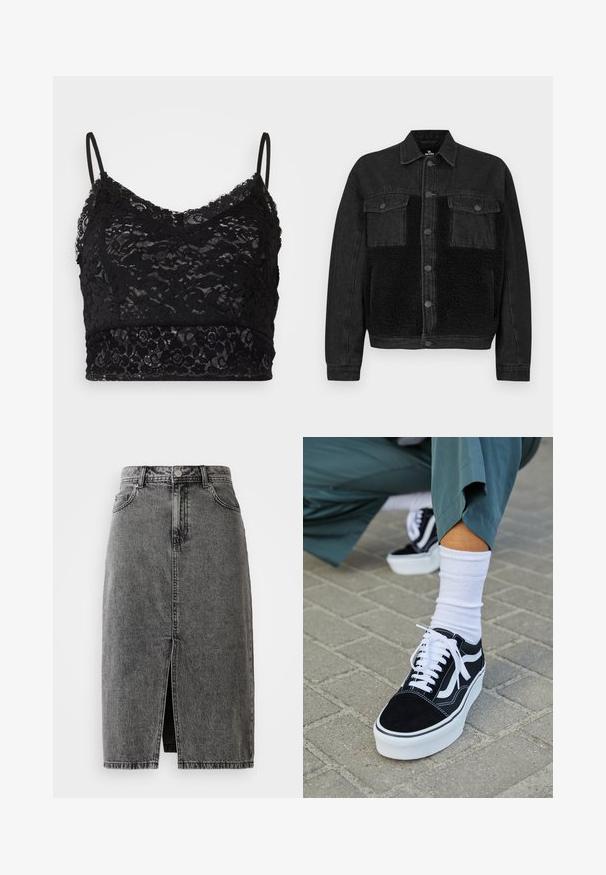Veste en jean noire avec un panneau avant en fausse fourrure. Dispose de deux poches poitrine, fermeture à boutons et manches longues. Tissu texturé et lignes épurées.; Bralette en dentelle noire avec des bretelles spaghetti réglables, un motif de dentelle florale et une bande noire unie en bas.; Jupe midi en denim noir délavé, taille haute, avec fente frontale, passants de ceinture et design classique à cinq poches.; Baskets en suède noir avec des accents et des lacets blancs, présentant une épaisse semelle blanche et des coutures contrastantes, associées à une chaussette blanche.