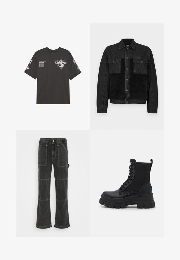 Veste en jean noire avec un panneau avant en fausse fourrure. Dispose de deux poches poitrine, fermeture à boutons et manches longues. Tissu texturé et lignes épurées.; T-shirt en coton noir avec des manches courtes, un col rond, des graphismes imprimés incluant du texte et des motifs lunaires sur le devant et les manches.; BDG Urban Outfitters UTILITY SKATE - Jean boyfriend - washed black; Bottes montantes noires en cuir et tissu, avec une semelle en caoutchouc épaisse, un devant à lacets et une étiquette jaune au niveau du col.
