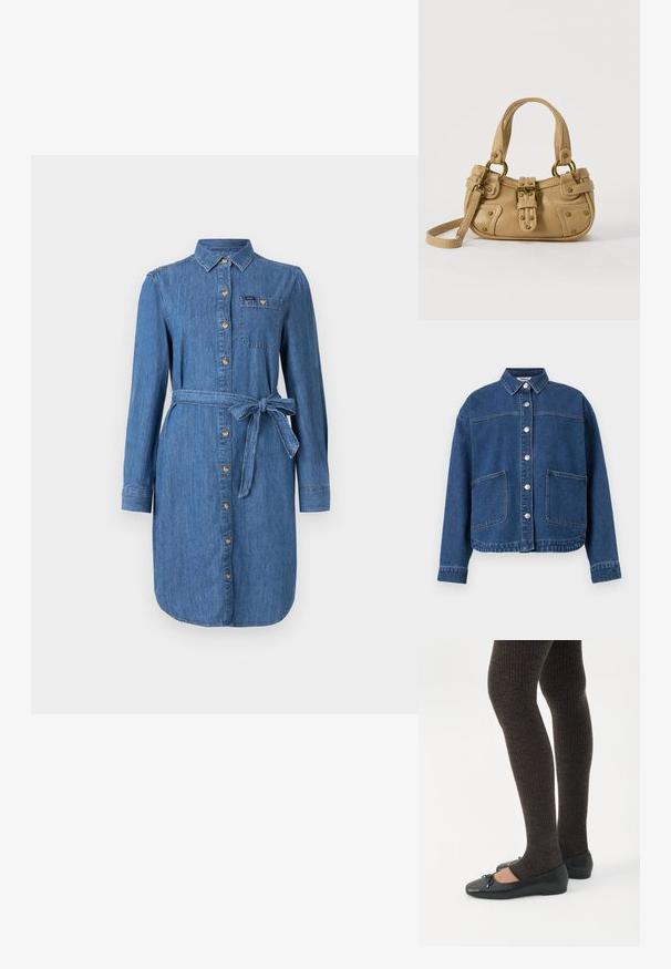 Veste en denim bleu avec fermeture à boutons sur le devant, deux grandes poches plaquées, manches longues et col, posée à plat sur un fond blanc.; Robe chemise en denim à manches longues, avec des boutons sur le devant, une poche poitrine et une ceinture nouée à la taille, en lavage bleu moyen.; Jambes portant des leggings côtelés foncés associés à des ballerines noires avec de petits détails en nœud sur fond blanc.; Sac à main en cuir beige avec double poignées, boucle en laiton et détails rivetés, ainsi qu'une bandoulière réglable sur fond blanc.