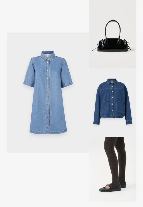 Veste en denim bleu avec fermeture à boutons sur le devant, deux grandes poches plaquées, manches longues et col, posée à plat sur un fond blanc.; Robe chemise en denim, bleu clair, manches courtes, col, fermeture à boutons sur le devant, longueur genoux, détails de couture sur les manches, coupe décontractée.; Jambes portant des leggings côtelés foncés associés à des ballerines noires avec de petits détails en nœud sur fond blanc.; Petit sac à main noir brillant avec deux longues anses et des détails à cordon sur les côtés sur un fond clair uni.