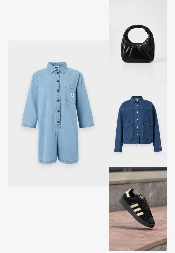 Veste en denim bleu avec fermeture à boutons sur le devant, deux grandes poches plaquées, manches longues et col, posée à plat sur un fond blanc.; Combinaison courte en denim bleu clair avec manches longues, fermeture à boutons sur le devant, col et poche poitrine avec écusson du logo de la marque.; Baskets en daim noir avec trois bandes beiges, logo rond sur la languette, lacets plats et semelle rembourrée, étiquetées "CAMPUS."; Sac à main noir rembourré avec une poignée arrondie, présentant une surface lisse et brillante ainsi qu'une texture douce et matelassée. Pas de quincaillerie ou d'accents visibles.