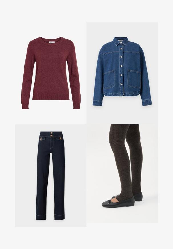 Veste en denim bleu avec fermeture à boutons sur le devant, deux grandes poches plaquées, manches longues et col, posée à plat sur un fond blanc.; Pull tricoté bordeaux à manches longues avec encolure ronde et poignets et bas côtelés, de la marque Vila.; Jean bleu foncé taille haute avec jambes droites, boutons en cuivre, poches à rabat à l'avant et coutures jaunes visibles.; Jambes portant des leggings côtelés foncés associés à des ballerines noires avec de petits détails en nœud sur fond blanc.