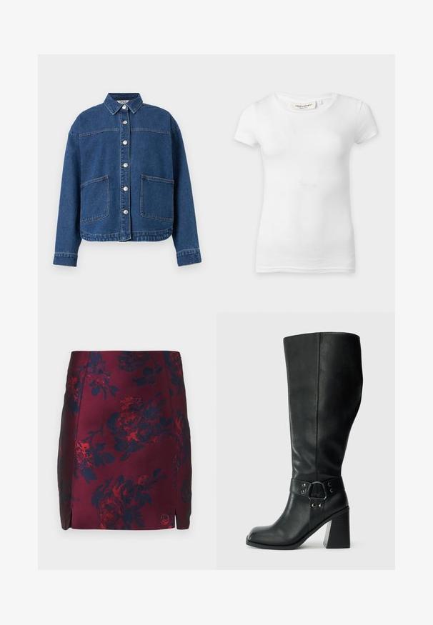 Veste en denim bleu avec fermeture à boutons sur le devant, deux grandes poches plaquées, manches longues et col, posée à plat sur un fond blanc.; T-shirt blanc uni à manches courtes et coupe ajustée avec un col rond, présenté sur une surface plane.; Jupe à motif floral bourgogne avec des accents bleu marine, fabriquée en tissu lisse. Présente des fentes latérales et un motif floral texturé sur l'ensemble.; Bottes en cuir noires arrivant au genou, avec un bout carré, un large talon et une sangle décorative avec des accents métalliques autour de la cheville. Texture lisse.
