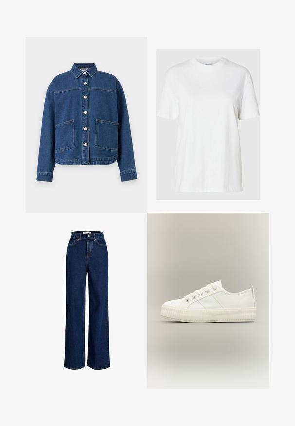 Blaue Jeansjacke mit Knopfleiste vorne, zwei großen aufgesetzten Taschen, langen Ärmeln und einem Kragen, flach auf einem weißen Hintergrund liegend.; Weißes Baumwoll-T-Shirt mit kurzen Ärmeln und rundem Ausschnitt. Hat eine lockere Passform und ein minimales Design ohne Muster oder Akzente.; Dunkelblaue, hoch taillierte Jeans mit weitem Bein, vorderen Taschen, Gürtelschlaufen, Knopfverschluss und sichtbaren Nahtdetails.; Weißer Sneaker mit niedrigem Schaft, dicker gerippter Sohle, Schnürung vorne und Zuglasche an der Ferse vor neutralem Hintergrund.