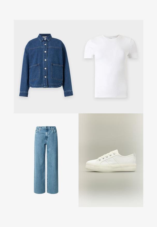 Blauwe spijkerjasje met knoopsluiting aan de voorkant, twee grote opgestikte zakken, lange mouwen en een kraag, plat gelegd op een witte achtergrond.; Effen witte T-shirt met korte mouwen en ronde hals afgebeeld tegen een lichtgrijze achtergrond.; Blauwe denim wijde jeans met een hoge taille, voorzien van riemlussen, een ritssluiting en rafelige uiteinden. De stof heeft een zachte, gladde textuur.; Witte lage sneaker met dikke geribde zool, veters aan de voorkant en trek-lus aan de hiel tegen een neutrale achtergrond.