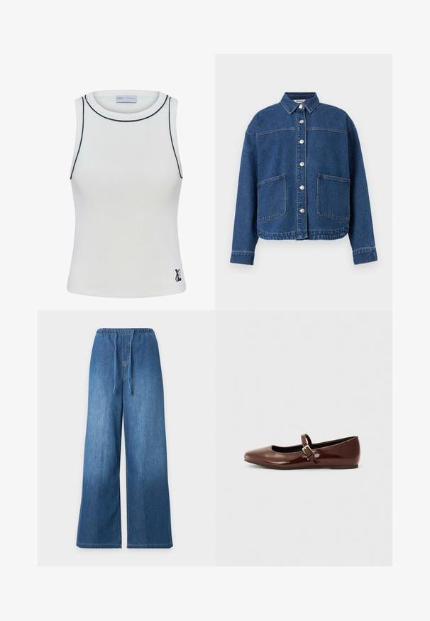 Blauwe spijkerjasje met knoopsluiting aan de voorkant, twee grote opgestikte zakken, lange mouwen en een kraag, plat gelegd op een witte achtergrond.; Witte geribde tanktop met een hoge halslijn en marineblauwe accenten langs de randen. Bevat een klein logo op de onderste rechterzijde. Rekbare stof.; Wijde blauwe spijkerbroek met elastische tailleband en trekkoordsluiting aan de voorkant op een effen lichte achtergrond.; Bruine gepatineerde leren balletschoen met een vierkante neus en een bandje met een kleine gouden gesp. Gladde textuur, lage hak en minimalistisch ontwerp.