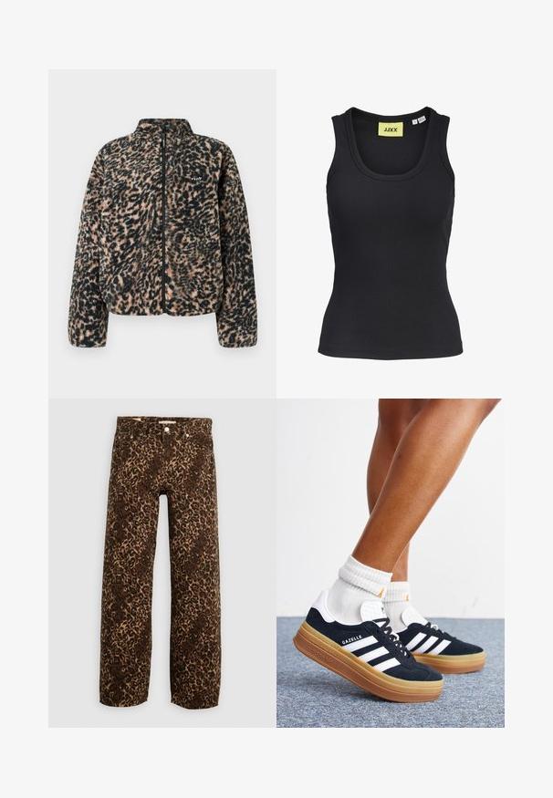 Volcom WYLDING OUT SHERPA - Φλις μπουφάν - animal print; Μαύρο ριμπ αμάνικο τοπ με στρογγυλή λαιμόκοψη και ορατή ετικέτα JJXX στο εσωτερικό του γιακα, μέγεθος μικρό, κατασκευασμένο στο Μπαγκλαντές.; Τζιν παντελόνι σε λεοπάρ σχέδιο, με φαρδιά πόδια, σε καφέ και καφέ-κρέμ απόχρωση. Κατασκευασμένα από τζην, με κλασική πενταπορτοκαλί σχεδίαση και μεταλλικές λεπτομέρειες.; Πόδια με λευκές κάλτσες και μαύρα αθλητικά παπούτσια Adidas Gazelle με λευκές ρίγες και χοντρές καφέ σόλες σε γκρι χαλί.