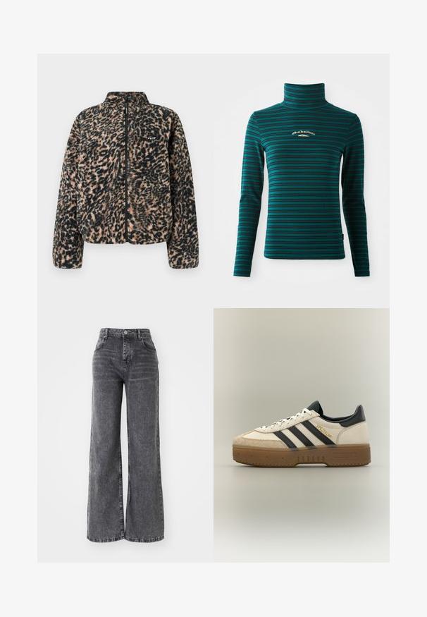 Volcom WYLDING OUT SHERPA - Fleecejas - animal print; Langsleeve coltrui in teal met donkerblauwe horizontale strepen. Heeft een klein wit en goud logo op de borst. Zachte, rekbare stof.; Wijde grijze denim broek met een hoge taille, voorzien van traditionele vijf-pocket styling en een subtiele vervaagde afwerking.; Witte Adidas sneaker met zwarte strepen, beige suède neus, bruine zool en "SPEZIAL" in gouden letters aan de zijkant.