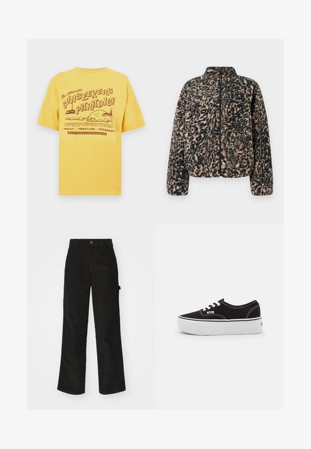 Volcom WYLDING OUT SHERPA - Veste polaire - animal print; T-shirt en coton jaune avec un motif graphique comprenant le texte « Sunseekers Paradise » et des éléments de plage. Manches courtes et col rond.; Pantalon en velours côtelé noir avec une coupe droite, doté d'une fermeture à bouton et de poches latérales. Texture lisse avec de fines rayures verticales.; Baskets en toile noires avec une semelle en caoutchouc blanc, dotées de lacets et de coutures blanches, marquage emblématique sur le côté, design basse.