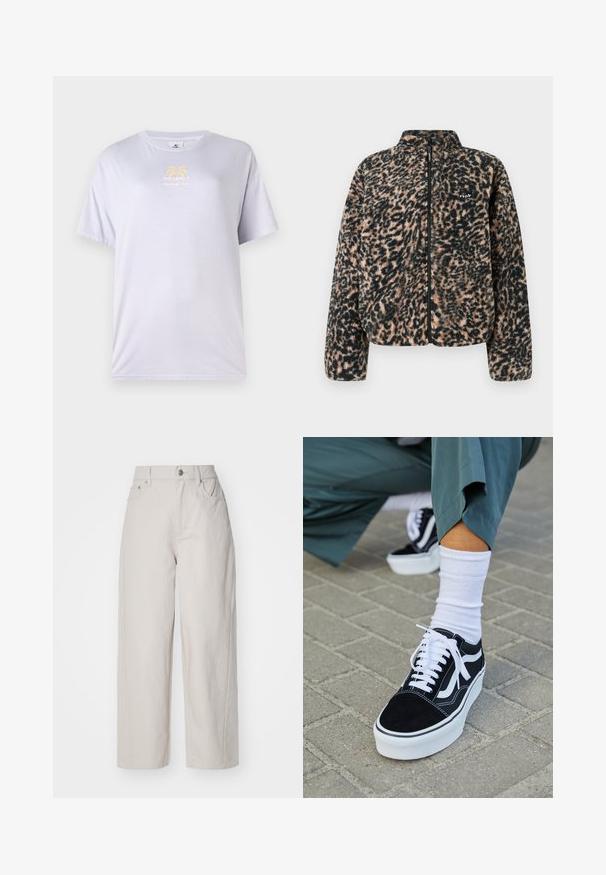 Volcom WYLDING OUT SHERPA - Fleecejas - animal print; Licht lavendelkleurig katoenen T-shirt met ronde hals, korte mouwen en een gouden grafische print van palmbomen op de voorkant.; Beige wijde katoenbroek met hoge taille, knoop- en ritssluiting, en vier zakken; zachte textuur met denimafwerking.; Zwarte suède sneaker met witte accenten en veters, uitgerust met een dikke witte zool en contrasterende stiksels, gecombineerd met een witte sok.