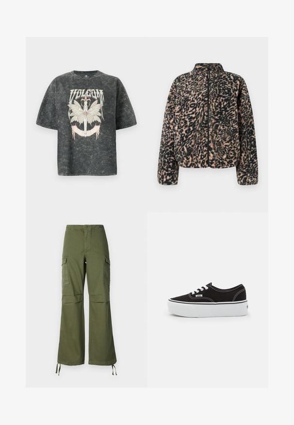 Volcom WYLDING OUT SHERPA - Veste polaire - animal print; Volcom VOLTRIP TEE - T-shirt imprimé - vintage black; Pantalons cargo en coton vert olive, avec une coupe évasée, deux poches latérales et des liens ajustables à l'ourlet.; Baskets en toile noires avec une semelle en caoutchouc blanc, dotées de lacets et de coutures blanches, marquage emblématique sur le côté, design basse.