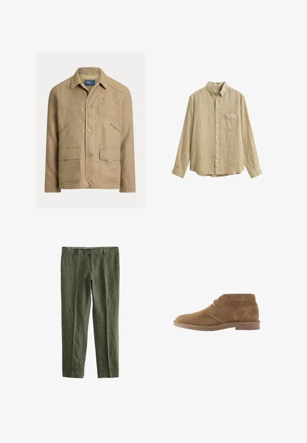 Beige hørjakke med krave, tre knapper foran og fire lommer — en brystlomme og tre lavere forlommer.; Beige hørskjorte med lange ærmer, knapper og brystlomme samt krave med knapper, vist på en hvid baggrund.; Next SIGNATURE - REGULAR FIT - Bukser - olive green; Brun ruskind ankelhøj afslappet sko med to snørehuller og syet sål på hvid baggrund, set fra siden.