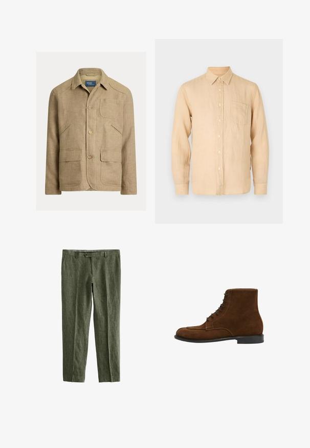 Beige hørjakke med krave, tre knapper foran og fire lommer — en brystlomme og tre lavere forlommer.; Beige langærmet skjorte i linned med knapkrave, frontlomme og en glat, let struktureret overflade. Klassisk pasform og enkelt design.; Next SIGNATURE - REGULAR FIT - Bukser - olive green; Brune ruskindsankelstøvle med snørebånd, rund tå, kontraststikninger og gummisåler. Ren, minimalistisk profil.