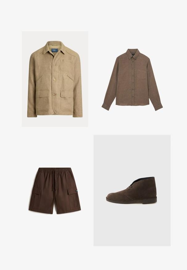 Veste en lin beige avec col, trois boutons sur le devant et quatre poches — une poitrine et trois poches avant inférieures.; Chemise marron à manches longues avec boutons, poche poitrine et col boutonné, en tissu texturé.; Shorts cargo marron fabriqués en tissu durable. Dotés d'une taille élastique, d'un cordon de serrage et de plusieurs poches latérales pour le rangement.; Botte cheville en daim marron avec deux œillets, talon bas et semelle cousue sur un fond gris clair uni.